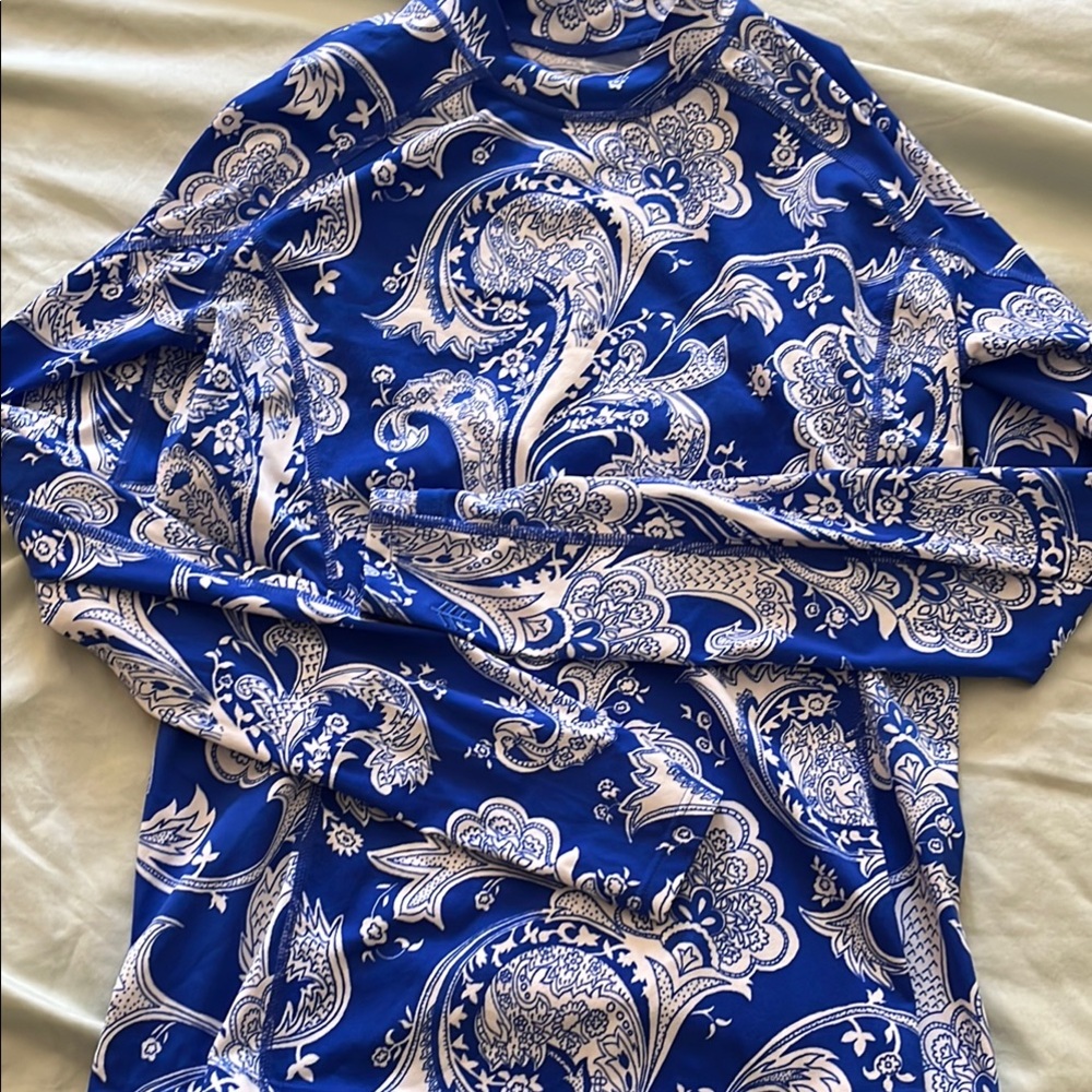Coolibar Upf 50 Blue and White Paisley rash guard